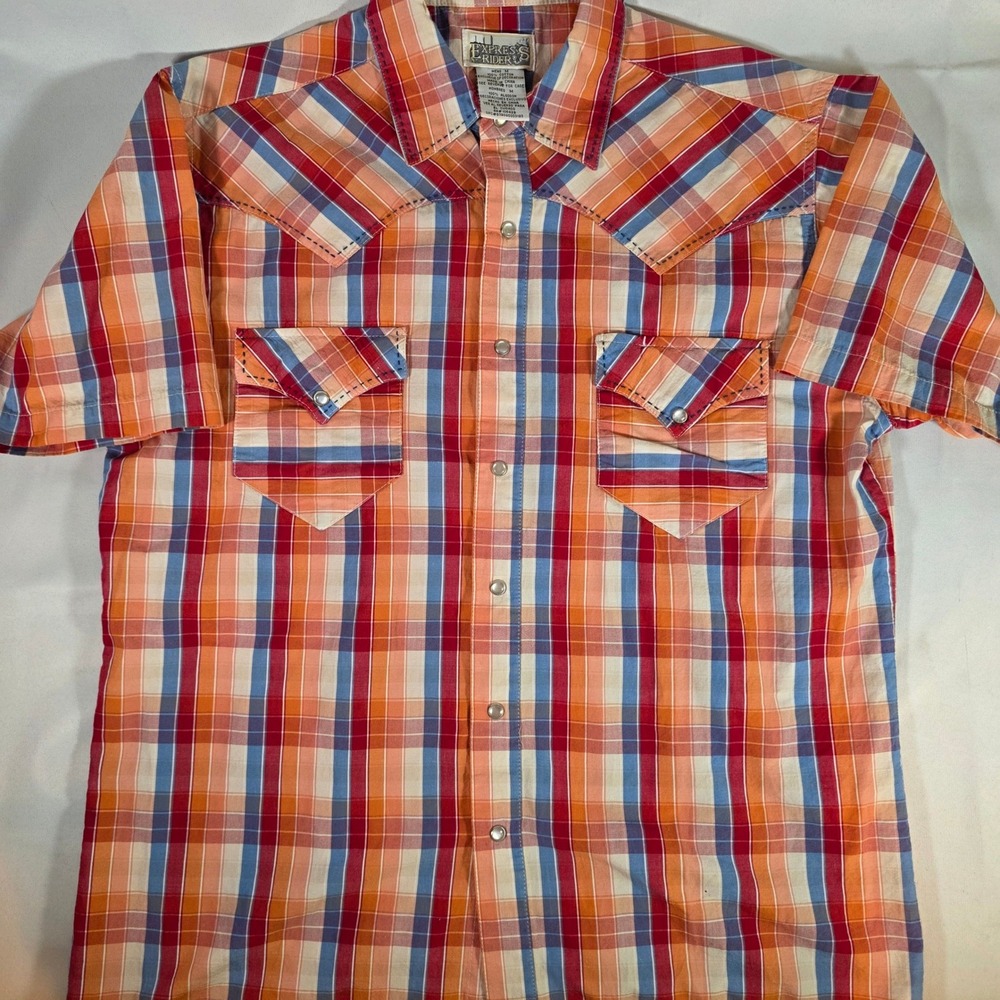 Express Rider XL Western Shirt Orange Plaid Pearl Snap Embroidered Bull Rider - Picture 2 of 9